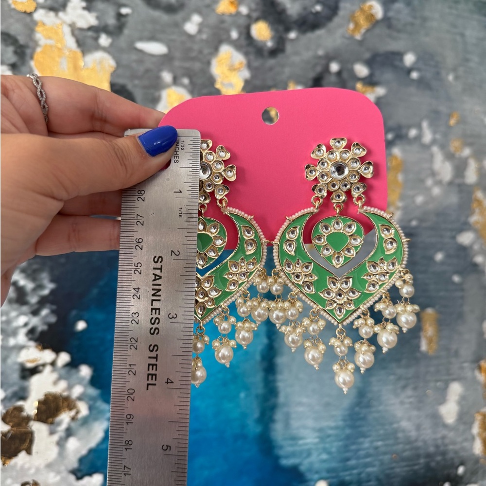 From India | Green Meenakari Earrings - Picture 3 of 4